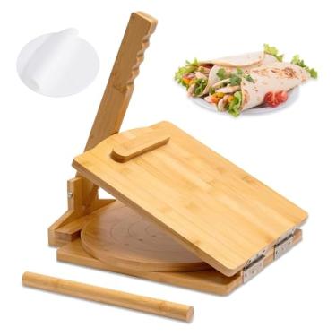 Imagem de Prensa de tortilha de madeira, tortilhas Prensa Para rotativas de 25 cm com prensa de tortilha de bambu, rolo de massa e 50 peças de papel manteiga para tortilha mexicana caseira, pataconera, burritos