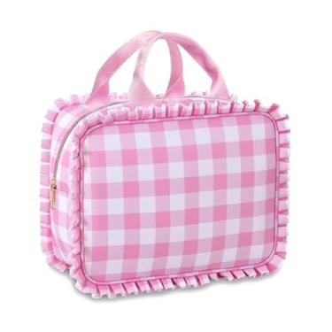 Imagem de Easozoom Lancheira xadrez com babados, lancheira grande guingão para mulheres (rosa e branco)