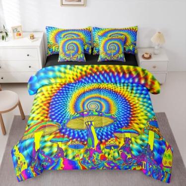 Imagem de Erosebridal Jogo de cama de casal psicodélico de 7 peças | Conjunto de cama de casal com estampa de cogumelo exótico e azul amarelo, azul e amarelo, decoração de quarto neon botânico gótico