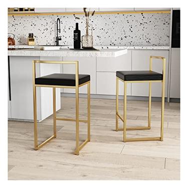 Imagem de Banquetas de bar, conjunto de 2 cadeiras de bar, bancos de bar de couro PU preto com costas e pernas de metal dourado, 2 bancos de bar altura do balcão de cozinha lua cheia
