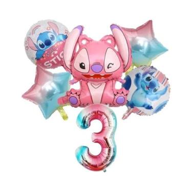 Imagem de Conjunto De Balões De Folha Rosa Anjo Lilo & Stitch 6 Peças Decorações