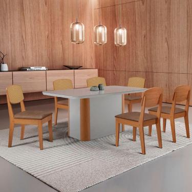 Imagem de Mesa De Jantar Isadora 180cm Tampo Mdf Vidro Com 6 Cadeiras Tork /off /naturale /serig Off