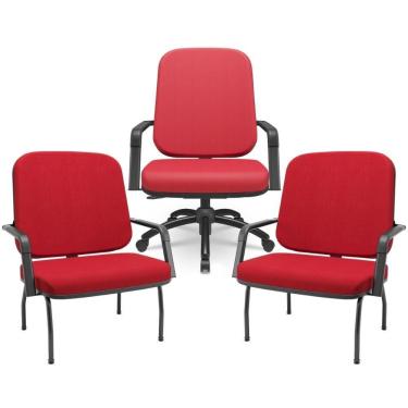 Imagem de Kit Cadeira De Escritório Giratória E 2 Cadeiras Fixas Preta Magno P03 Crepe Vermelho - Lyam Decor