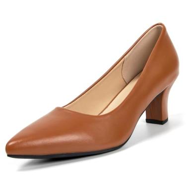 Imagem de qibusleen Sapato feminino elegante salto gatinho curto fechado bico fino bloco baixo sem cadarço para mulheres confortável trabalho escritório festa formal sapatos bomba 2,3 polegadas, Marrom, 37