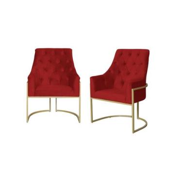 Imagem de Kit 2 Poltronas Decorativa Vick Couro Vermelho Base Dourada Ms Decor -
