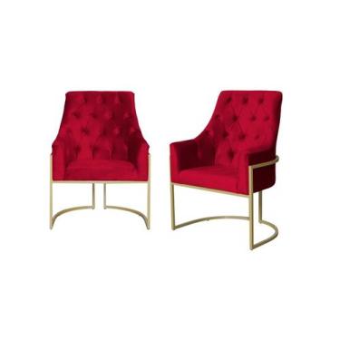 Imagem de Kit 2 Poltronas Decorativa Vick Veludo Vermelho Base Dourada Ms Decor 