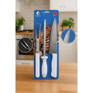 Imagem de Kit Churrasco 3 Peças Faca Garfo Chaira Aço Inox Corte Profissional Co