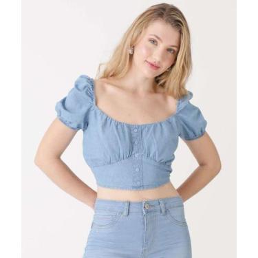 Imagem de Blusa Cropped Feminina Jeans Marisa-83856, P, Jeans azul