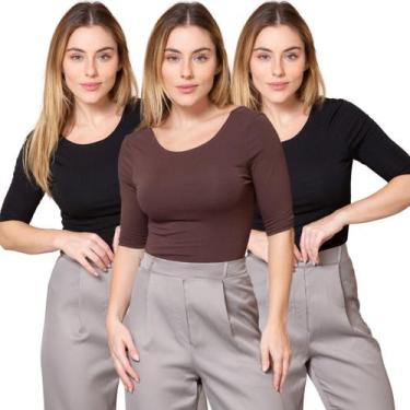Imagem de Kit 3 Blusas Feminina Manga 3/4 com Abertura nas Costas - Maranne, Kit
