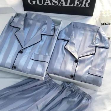 Imagem de Conjunto De Pijama Feminino plus Size Elegante De Cetim Listrado Com B