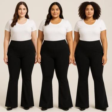 Imagem de Kit 3 Calças Flare Plus Size Bailarina Cós Alto em Suplex Confortável 