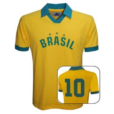 Imagem de CAMISA BRASIL PELÉ Nº 10 RETRÔ POLO ALGODÃO AMARELA AZUL NF - Liga Ret