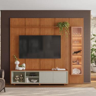 Imagem de Conjunto Rack e Painel para Tv 75 Polegadas com Cristaleira Led 232x250cm Mdf Zeus Natu...