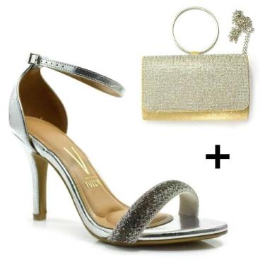 Imagem de Kit Sandália Salto e Bolsa Dourada Vizzano Festa Casamento, Prata, 36