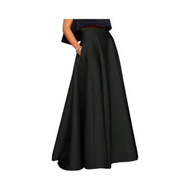 Imagem de Saia Longa Maxi Elegante Em Cetim A-line Para Mulheres Com Bolsos, Sai