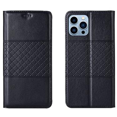 Imagem de LAHappyL Capa carteira flip para iPhone 13 Pro Max/13 Pro/13/13 Mini capa protetora de couro legítimo com função de suporte para cartão e absorção magnética oculta, preta, 13 Pro 6,1 polegadas