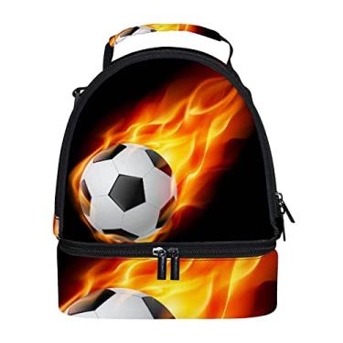 Imagem de Lancheira térmica com compartimento duplo, bola de futebol no fogo. Lancheira reutilizável com alça de ombro para mulheres, trabalho, escola, piquenique