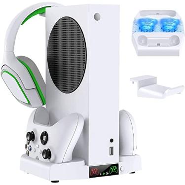 Imagem de Suporte de carregamento para Xbox Series S com ventilador de resfriamento, estação de carregamento do controlador e resfriador de console ajustável de 3 engrenagens e suporte de fone de ouvido