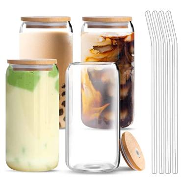 Imagem de Pacote com 4 copos de vidro de lata de cerveja com tampas de bambu e canudos de vidro, copos de 473 g com tampas e canudos, copos de vidro em forma de lata, copo de café gelado, copos de cerveja, ideal para suco, refrigerante, chá, coquetéis