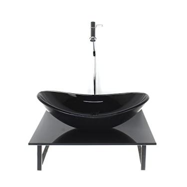 Imagem de KIT CUBA DE VIDRO OVAL 10MM COM TAMPO DE VIDRO 40CM X 40CM PRETO FULL E SUPORTE TORNEIRA VALVULA