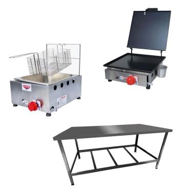 Imagem de Kit Lanchonete Mesa de Manipulação 120x55cm + Fritadeira a Gás 1 Cuba + Chapa a Gás 30cm Alcamar