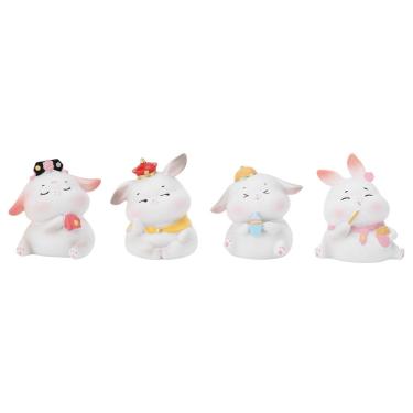 Imagem de 4 peças de bonecos de coelho para crianças, conjunto de brinquedos de animais topos de bolo, coleção de estatuetas em miniatura de jardim de fadas de coelho para decoração de mesa de presente de aniversário