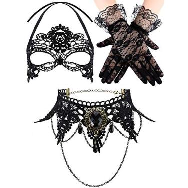 Imagem de Boao Conjunto de fantasia de baile de máscaras de Halloween para mulheres, luvas de máscara de baile de máscaras góticas, colar gargantilha gótica, acessórios de cosplay, Preto, One Size