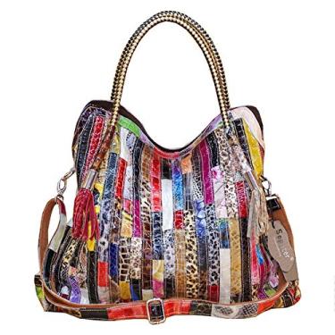 Imagem de Segater Bolsa feminina multicolorida grande Boston de couro genuíno aleatória colorida patchwork grande bolsa Hobo bolsa transversal, Colorido., Large / Big