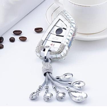 Imagem de CSHU Capa de chave de diamante Tampa de chave remota inteligente para carro de cristal, adequada para BMW X1 X3 X5 X6 Series 1 2 5 7 F15 F16 E53 E70 E39 F10 F30 G30 chaveiro, C, chaveiro branco