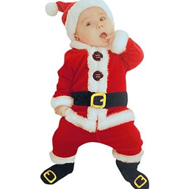 Imagem de Conjunto de roupa de bebê infantil fantasia de Papai Noel tops + calças + chapéu + meias 4 peças roupas de Natal meninos e conjunto roupas para 2 anos (vermelho, 90)