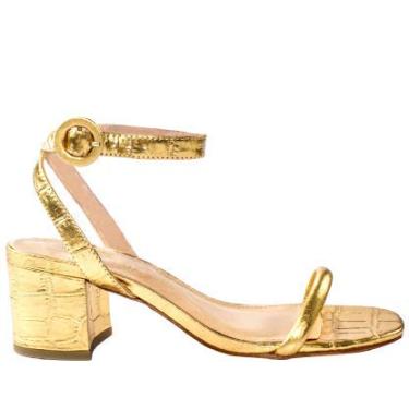 Imagem de Sandália Feminina Abelle Shoes Salto Bloco Médio em Couro Croco Dourado Mara Tamanho:35;Cor:Dourado