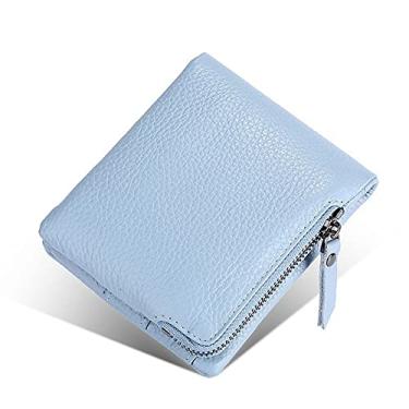 Imagem de Carteira com zíper e fecho de pressão, carteira de couro legítimo, porta-moedas, ambos os homens e mulheres podem usar, Azul