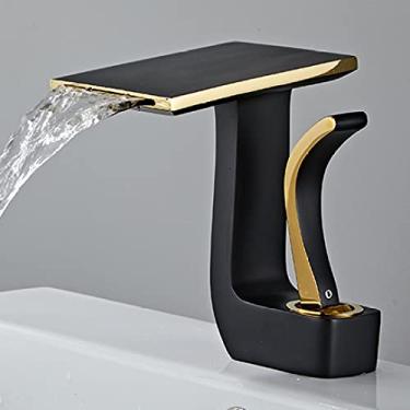 Imagem de Pia do banheiro Torneira quadrada Cachoeira Misturador de água quente e fria Torneira para lavatório Latão Guindaste Torneira de alça única, Preto, Dourado