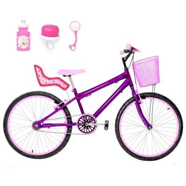 Imagem de Bicicleta Infantil Feminina Aro 24 Alumínio Colorido + Kit Passeio e Cadeirinha-Feminino