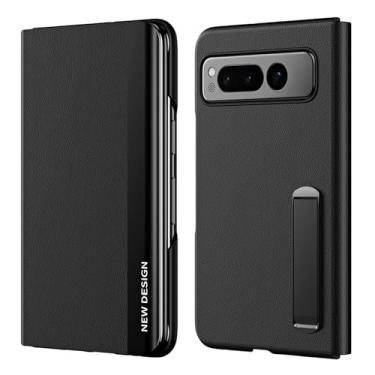 Imagem de HAZARA Capa para Google Pixel Fold, capa com suporte ajustável, fecho magnético, revestimento de couro, capa protetora completa, preta