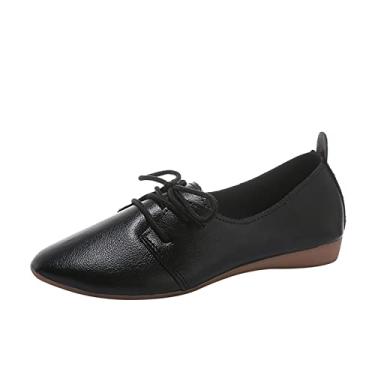 Imagem de Moda feminina cor sólida couro pontiagudo cadarço fundo macio raso sapatos casuais femininos sapatos de plataforma casuais, Preto, 8