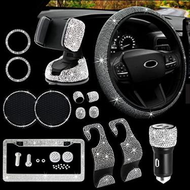 Imagem de Conjunto de acessórios de carro Bling para mulheres, decoração de strass MAIMEIMI interior com capas de volante, moldura de placa de carro, suporte e carregador, 14 peças lindo conjunto de decoração