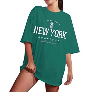 Imagem de Nova York – Camiseta vintage oversized para mulheres pulôver camisa de manga curta ombro caído Tops de verão Meninas feminina feminino gola Cidade 1998 1898 PRAÇA DE TES L33-Verde Small