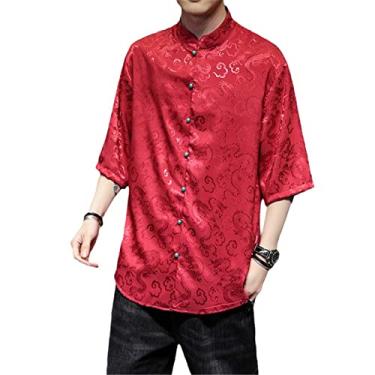 Imagem de Aoleaky Camisa masculina Summer Trend de cetim estilo chinês dragão escuro pérola botão manga curta camiseta masculina cor contrastante, Vermelho, G