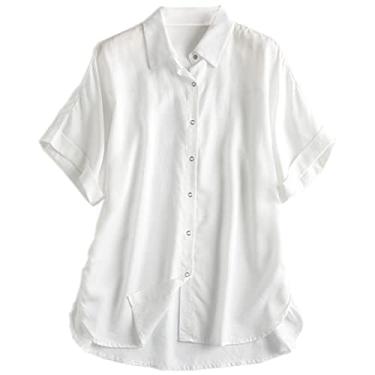 Imagem de Cromoncent Blusas femininas com botões de pressão, blusas jeans Lyocell casuais de manga curta, Branco, P