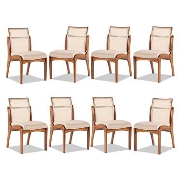 Imagem de Kit 8 Cadeiras de Madeira Estofada para Mesa de Jantar Lisboa Linho Bege com Encosto Rattan M58 RMI