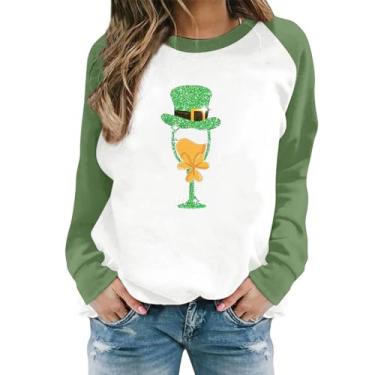 Imagem de Camiseta feminina com estampa de bandeira americana verde de manga comprida Dia de São Patrício Lucky Mama, Bronze, M