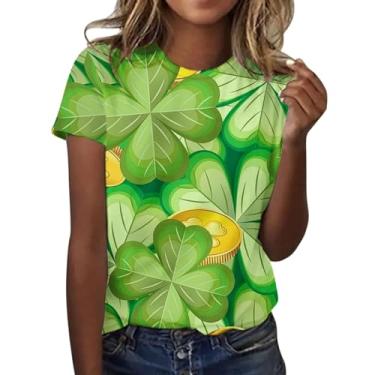 Imagem de Camiseta feminina do Dia de São Patrício verde trevo irlandês da sorte camiseta túnica verde manga curta verão, Amarelo, M