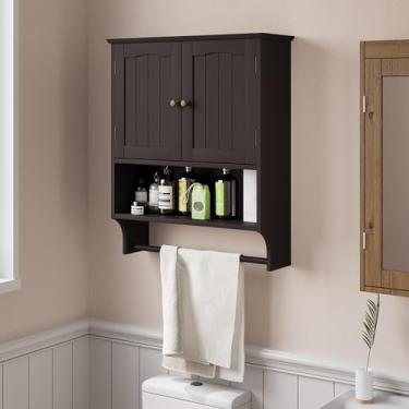 Imagem de Smuxee Armário de banheiro marrom montado na parede com barra de toalhas, armário de remédios de banheiro com prateleiras ajustáveis de 2 portas, armário sobre vaso sanitário para banheiro, lavanderia, cozinha