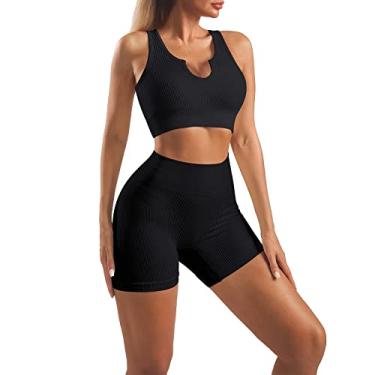 Imagem de Lingdu Conjunto de 2 peças de roupas esportivas femininas de ioga para treino esportivo legging de cintura alta conjunto de roupas esportivas, Curto U - preto, Small