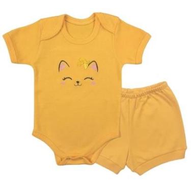 Imagem de Conjunto Body Manga Curta Bordado Gatinha e Short Tapa Fralda - Roupa Bebê Menina-Feminino