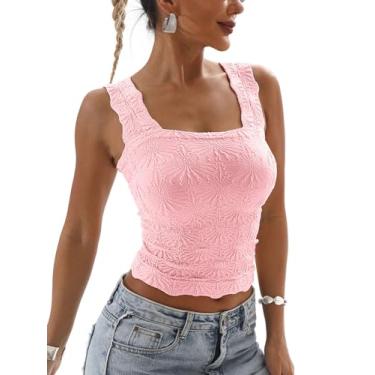 Imagem de Camiseta regata feminina gola quadrada slim fit alça larga sem mangas com acabamento de alface com jacquard floral, rosa, M