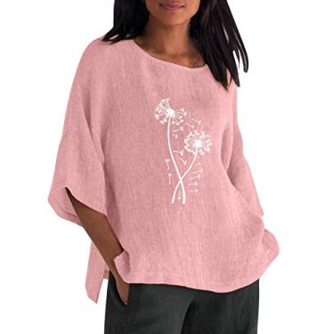 Imagem de Lainuyoah Blusa feminina de linho de algodão folgada, gola redonda, manga 3/4, estampa de dente-de-leão, blusa casual, I - rosa, P