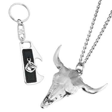 Imagem de GRANADO ACESSÓRIOS, Kit Colar Corrente Country Elo Grumet Cabeça de Boi Prateado + Chaveiro Country - AM