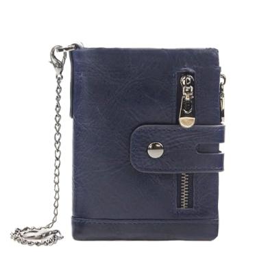 Imagem de Carteira masculina masculina de couro legítimo com bloqueio de RFID e bolso para moedas com corrente, carteira masculina de couro legítimo, bolsa fina, azul